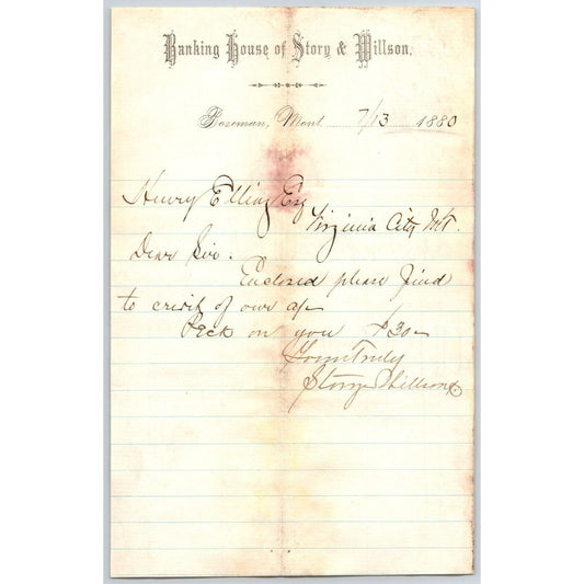 Banking House of Story & Nelson Bozeman, MT 7/13 1880 Letterhead Henry Elling*