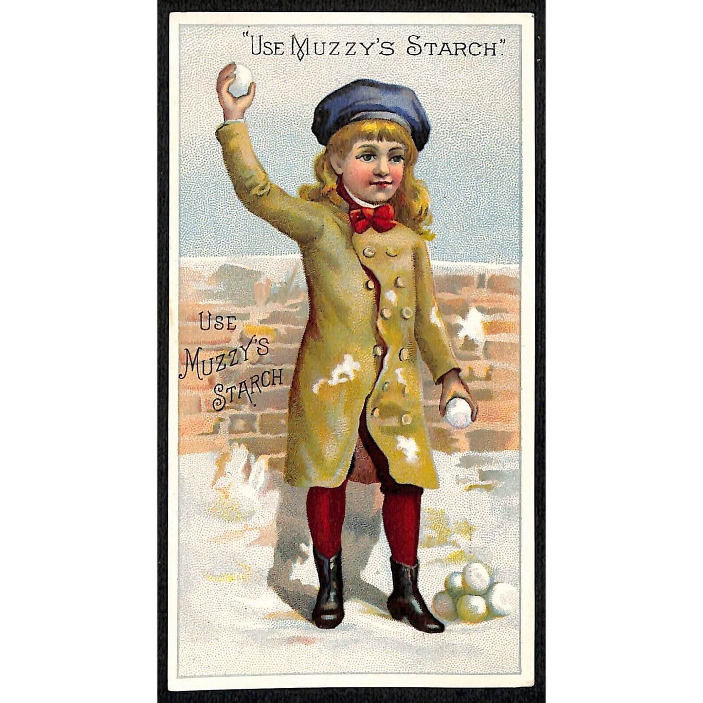 Muzzy's Corn Starch Victorian Trade Card Girl Throws Snow Balls