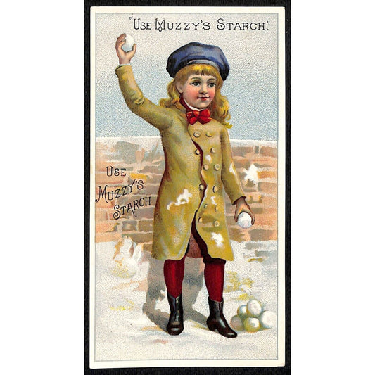 Muzzy's Corn Starch Victorian Trade Card Girl Throws Snow Balls