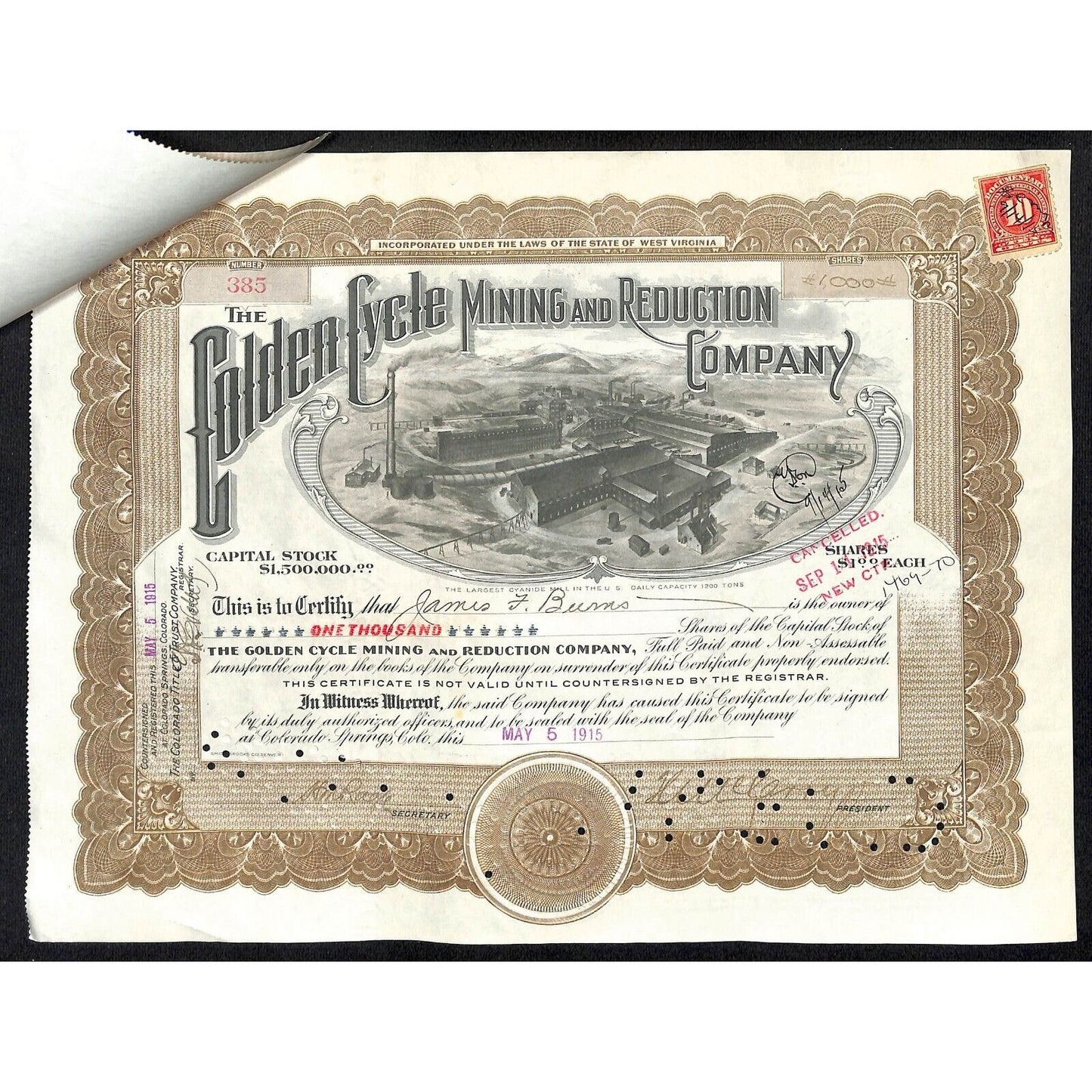 Golden Cycle Mining 1915 Stock Certificate w/ James F. Burns Sig. #385