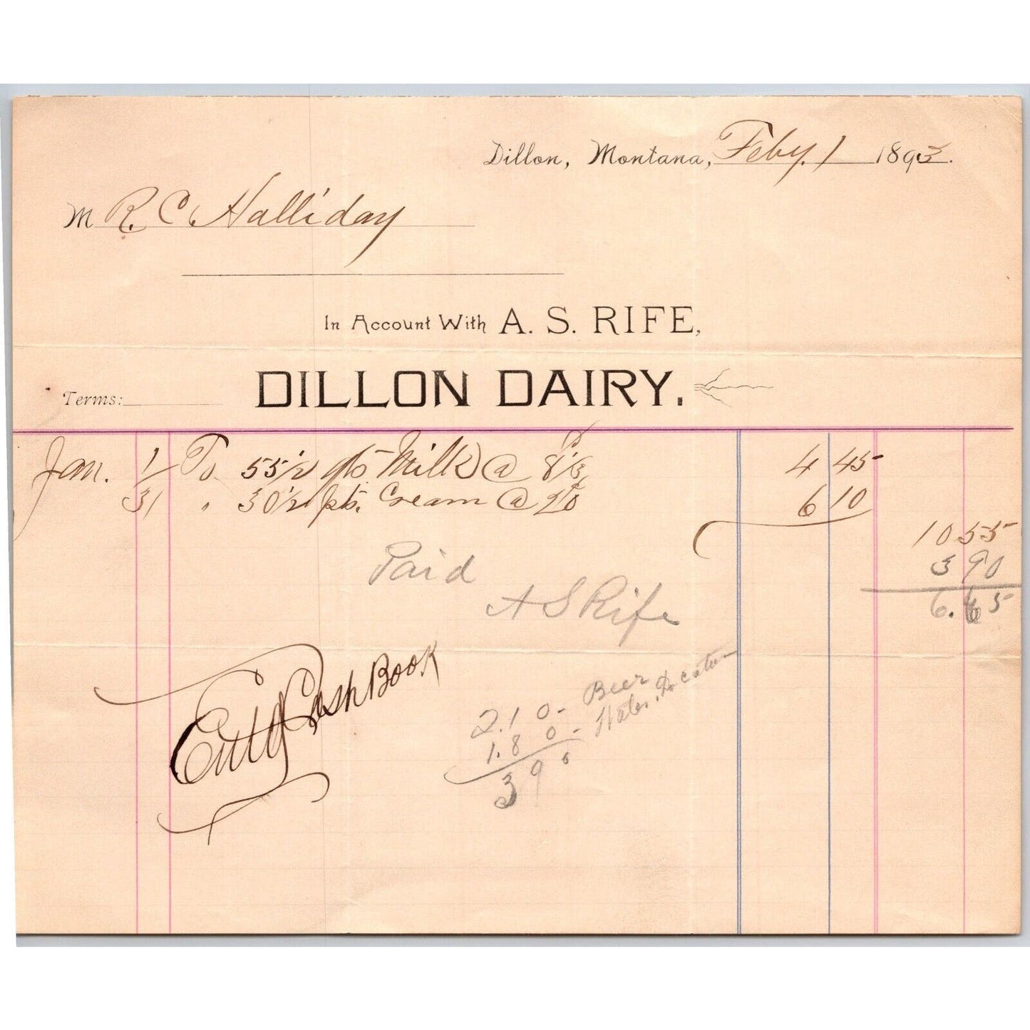 Dillon, MT Dillon Dairy A.S. Feb. 1893 Billhead Rife R.C. Halliday*