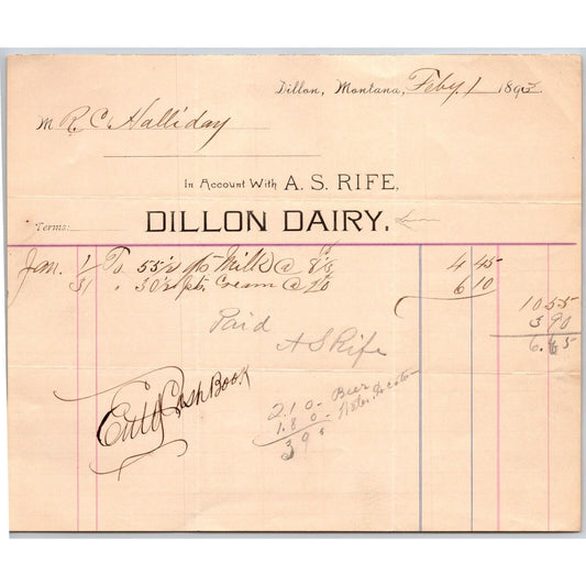 Dillon, MT Dillon Dairy A.S. Feb. 1893 Billhead Rife R.C. Halliday*