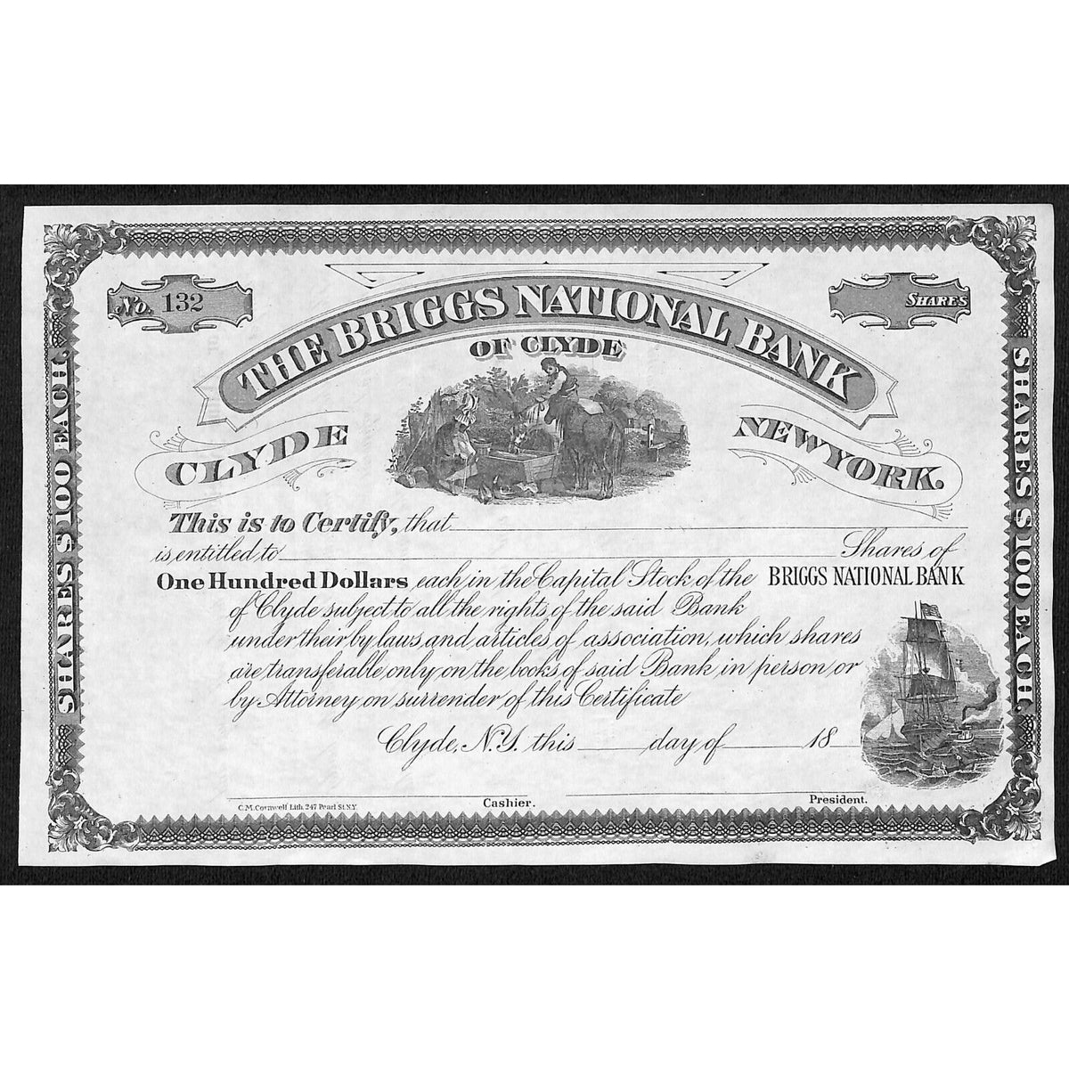 The Briggs National Bank of Clyde NY c1880* Stock Certificate Unissued #132