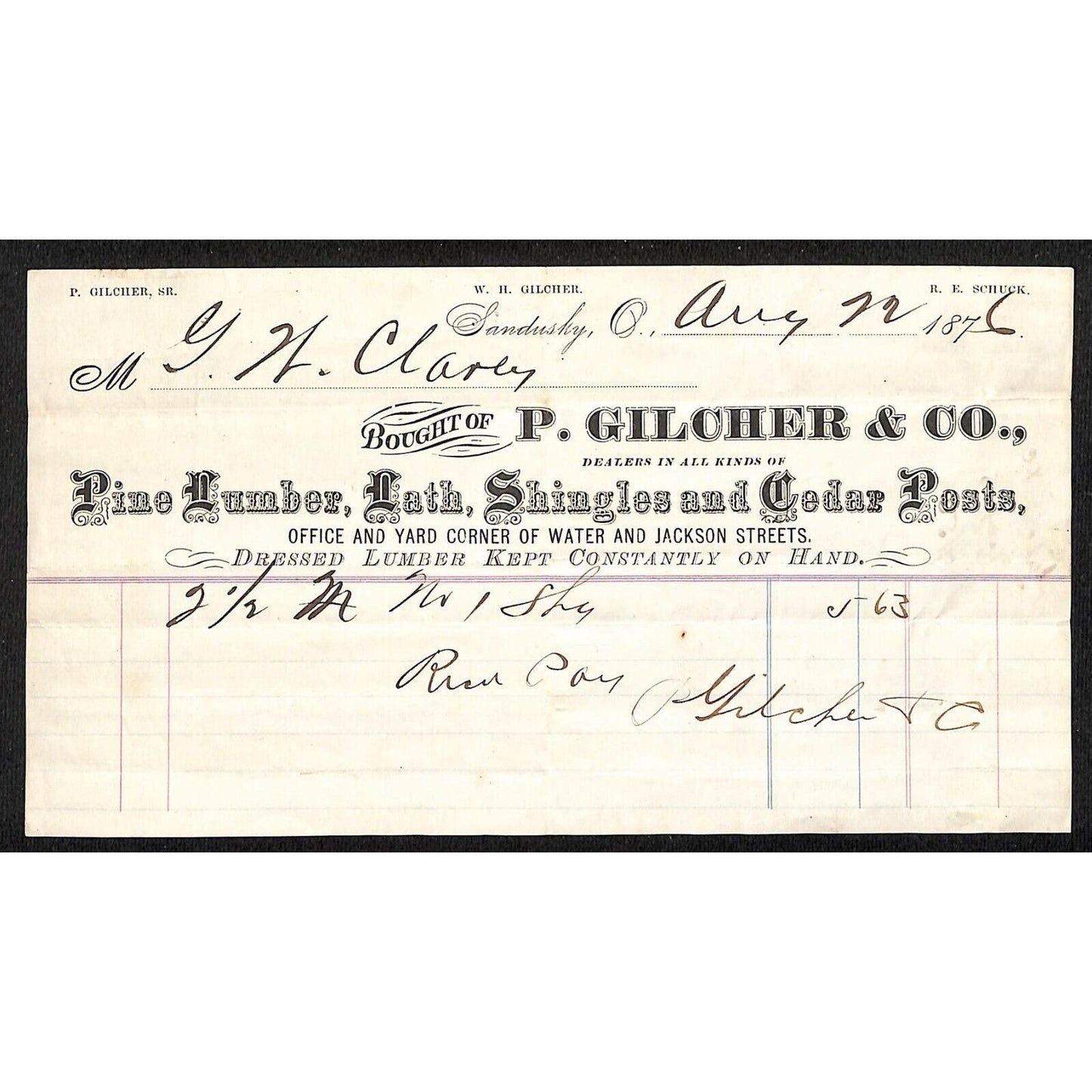 P. Gilcher & Co. Sandusky, OH Lumber Lath Shingles Posts 1876 Billhead Scarce