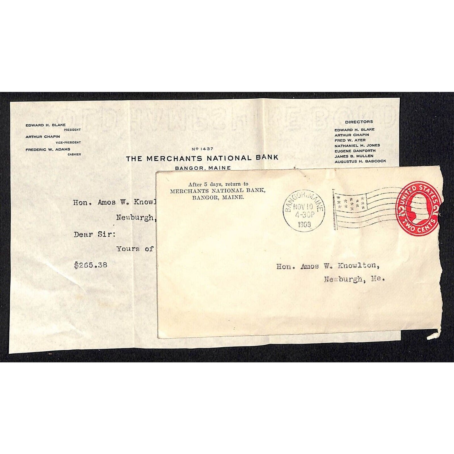 Bangor, ME 1909 Merchants National Bank Letterhead re: Payment - Knowlton*