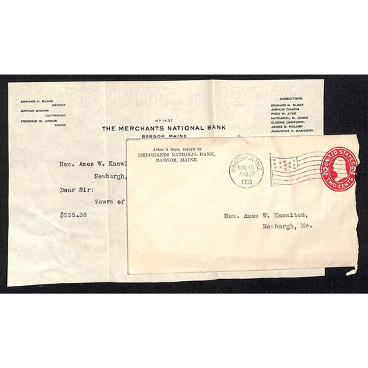 Bangor, ME 1909 Merchants National Bank Letterhead re: Payment - Knowlton*