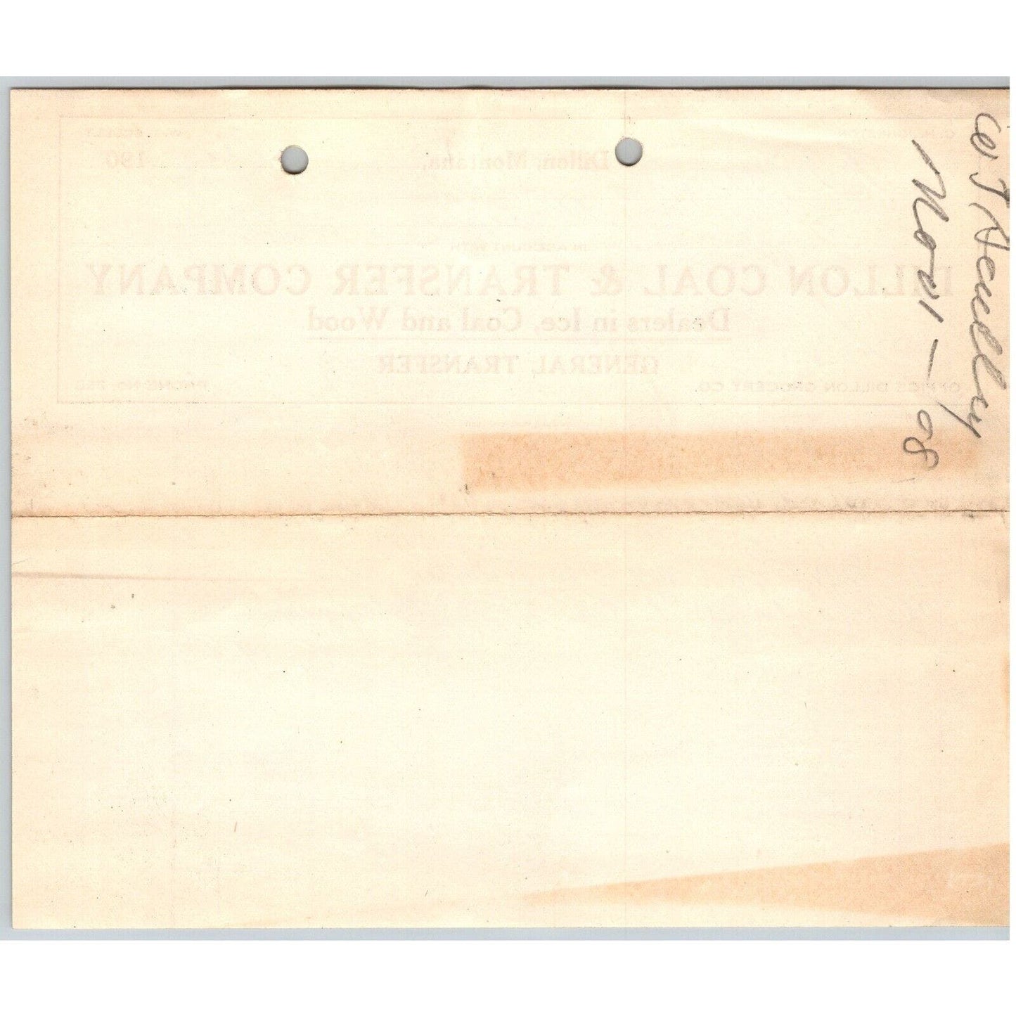 Dillon, MT Dillon Coal & Transfer Co Ice Wood Nov. 1908 Billhead G.T. Paul*