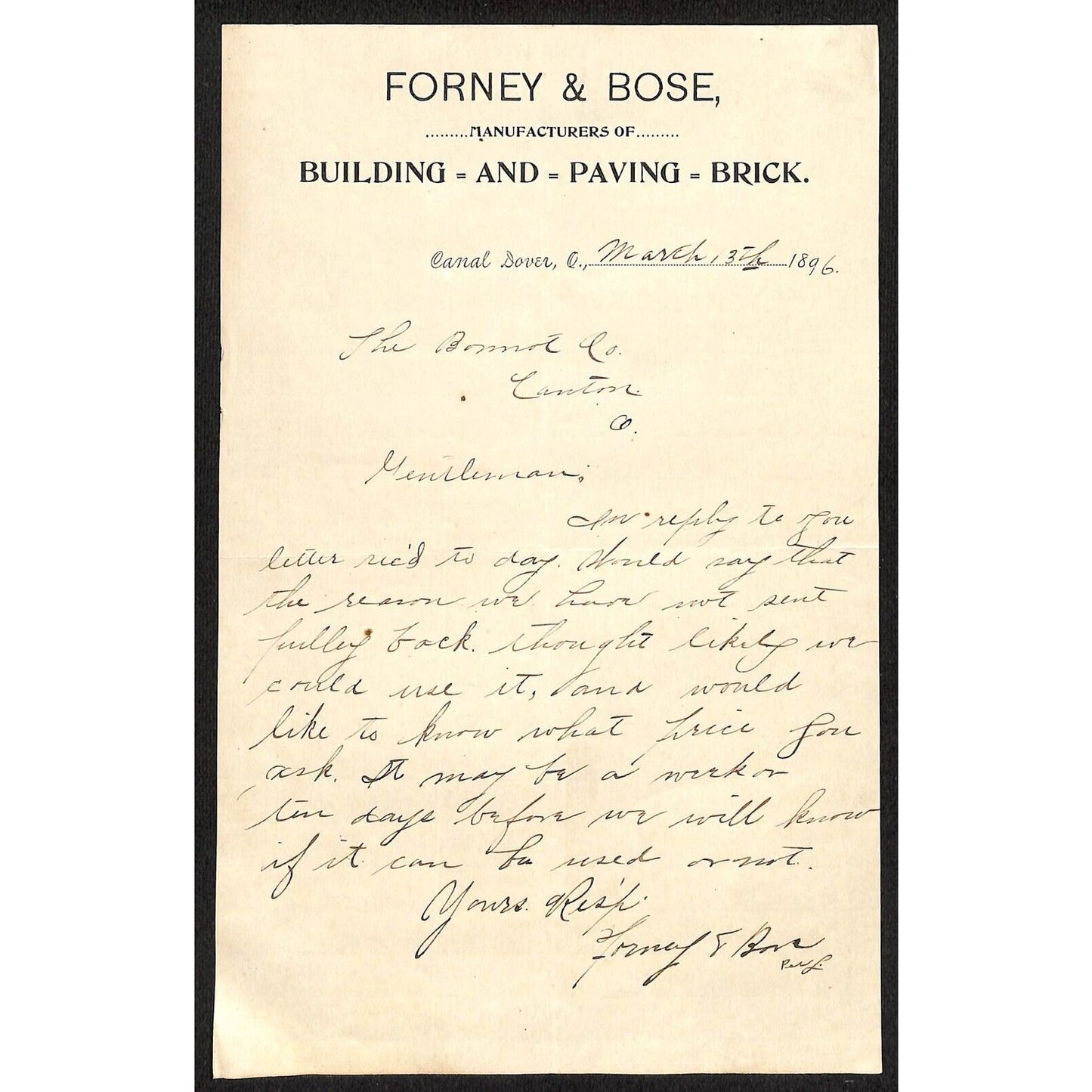 Forney & Bose Building and Paving Brick Canal Dover, OH 1896 Letterhead ALS VGC
