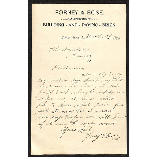 Forney & Bose Building and Paving Brick Canal Dover, OH 1896 Letterhead ALS VGC