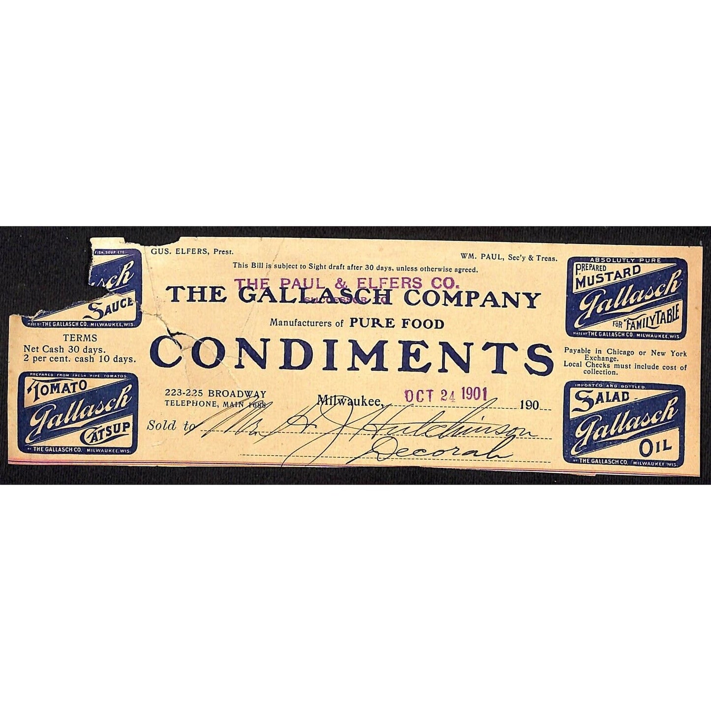 Gallasch Co. Condiments Milwaukee HJ Hutchinson Decorah IA* Cut 1901 Billhead