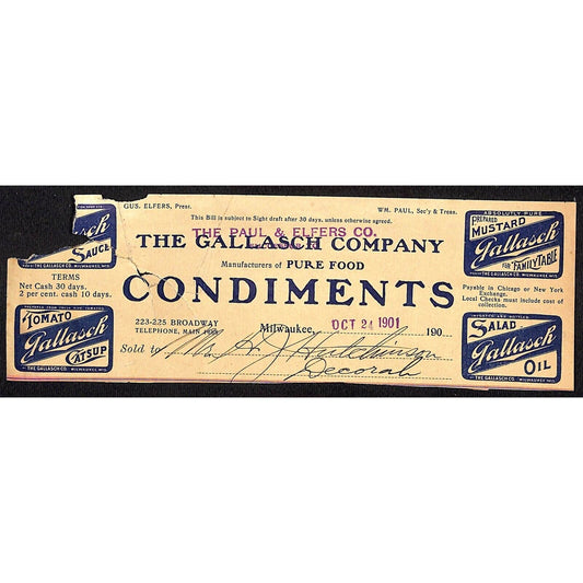 Gallasch Co. Condiments Milwaukee HJ Hutchinson Decorah IA* Cut 1901 Billhead