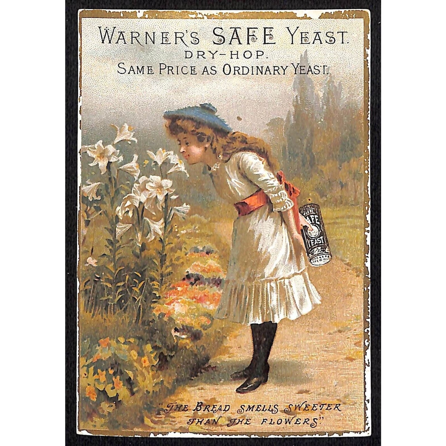 Warner's Safe Yeast Victorian Trade Card Girl w/ Product Smells Flowers