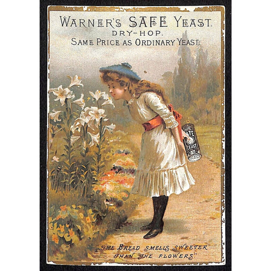 Warner's Safe Yeast Victorian Trade Card Girl w/ Product Smells Flowers