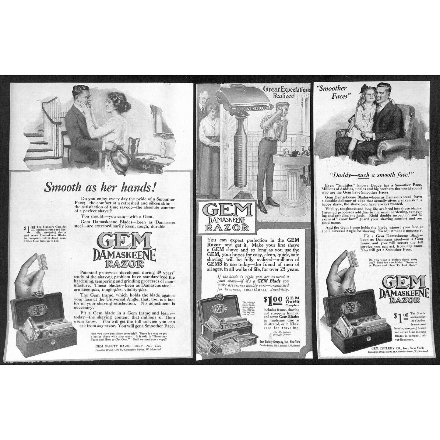 GEM Razor Blades Shaving Damaskeene Group of 22 WWI Era Magazine Ads