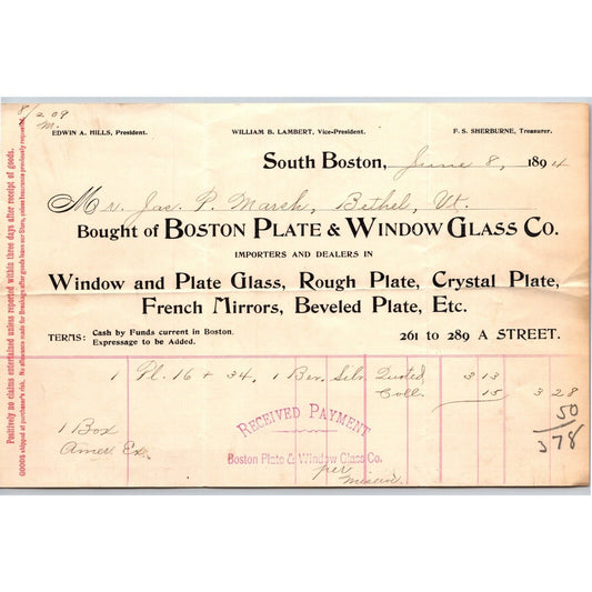 Boston Plate & Window Glass Co. South Boston MA 1894 Billhead Scarce
