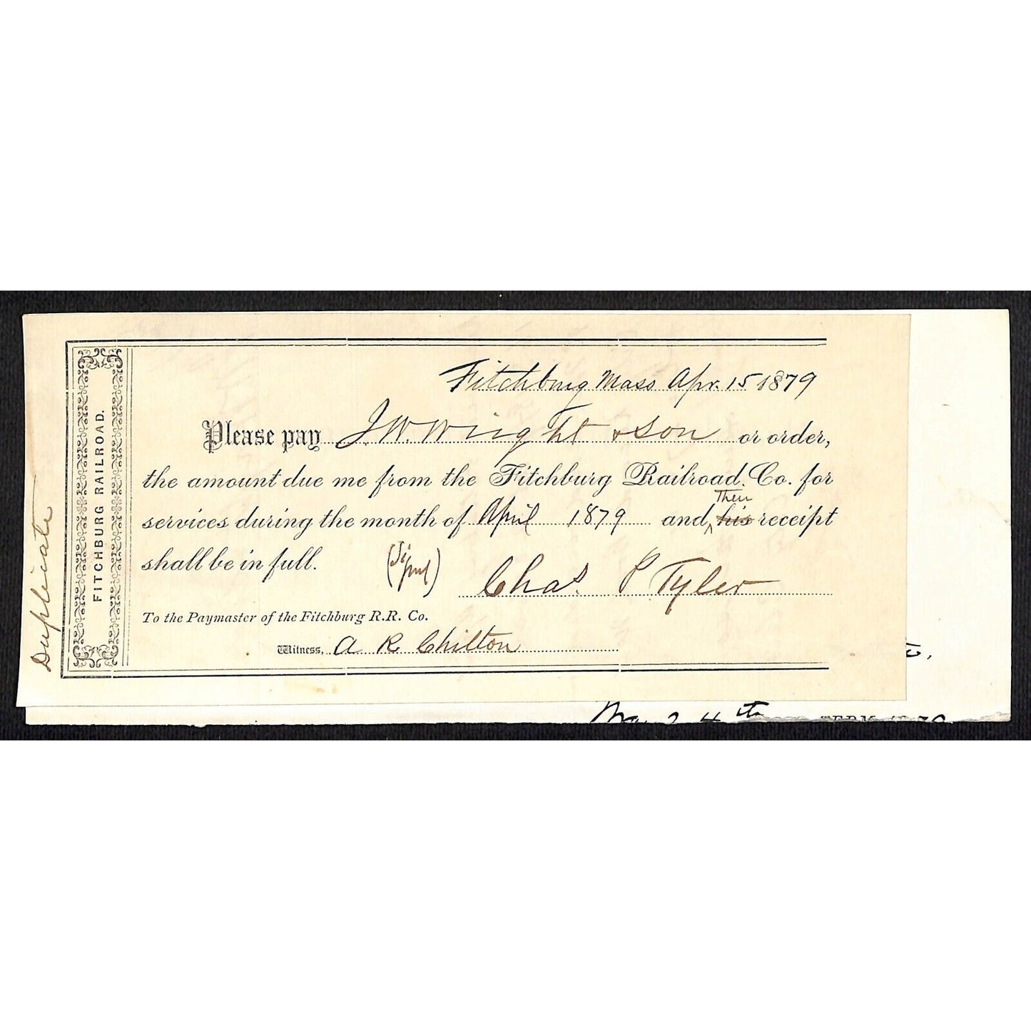 1879 Fitchburg Railroad Monthly Payment Request w/ MA State Stationary Header