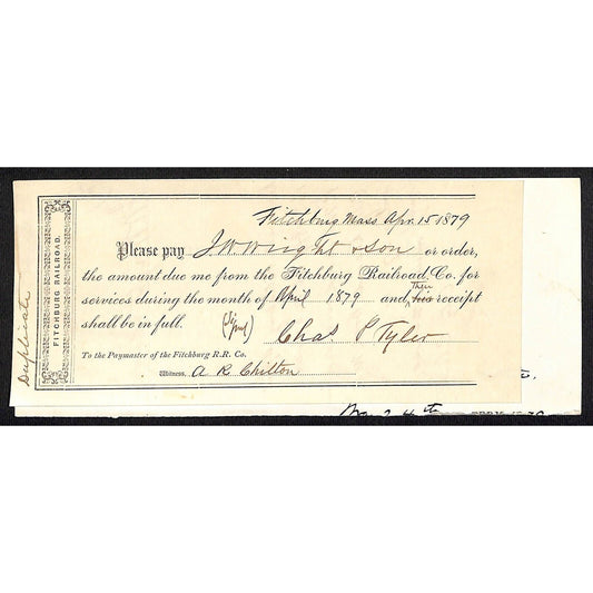 1879 Fitchburg Railroad Monthly Payment Request w/ MA State Stationary Header