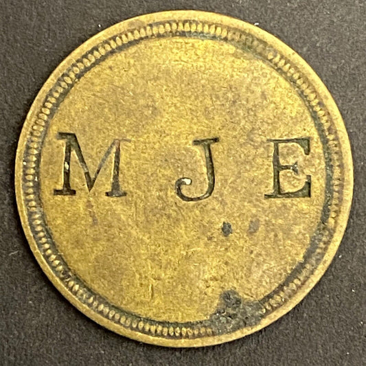M J E "Good For 5 At Bar" Incuse Brass Maverick Trade Token 23mm