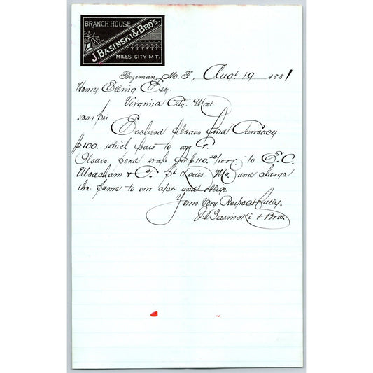 J. Basinski & Bros. Bozeman, MT (Dry Goods) 8/19 1881 Letterhead Henry Elling*