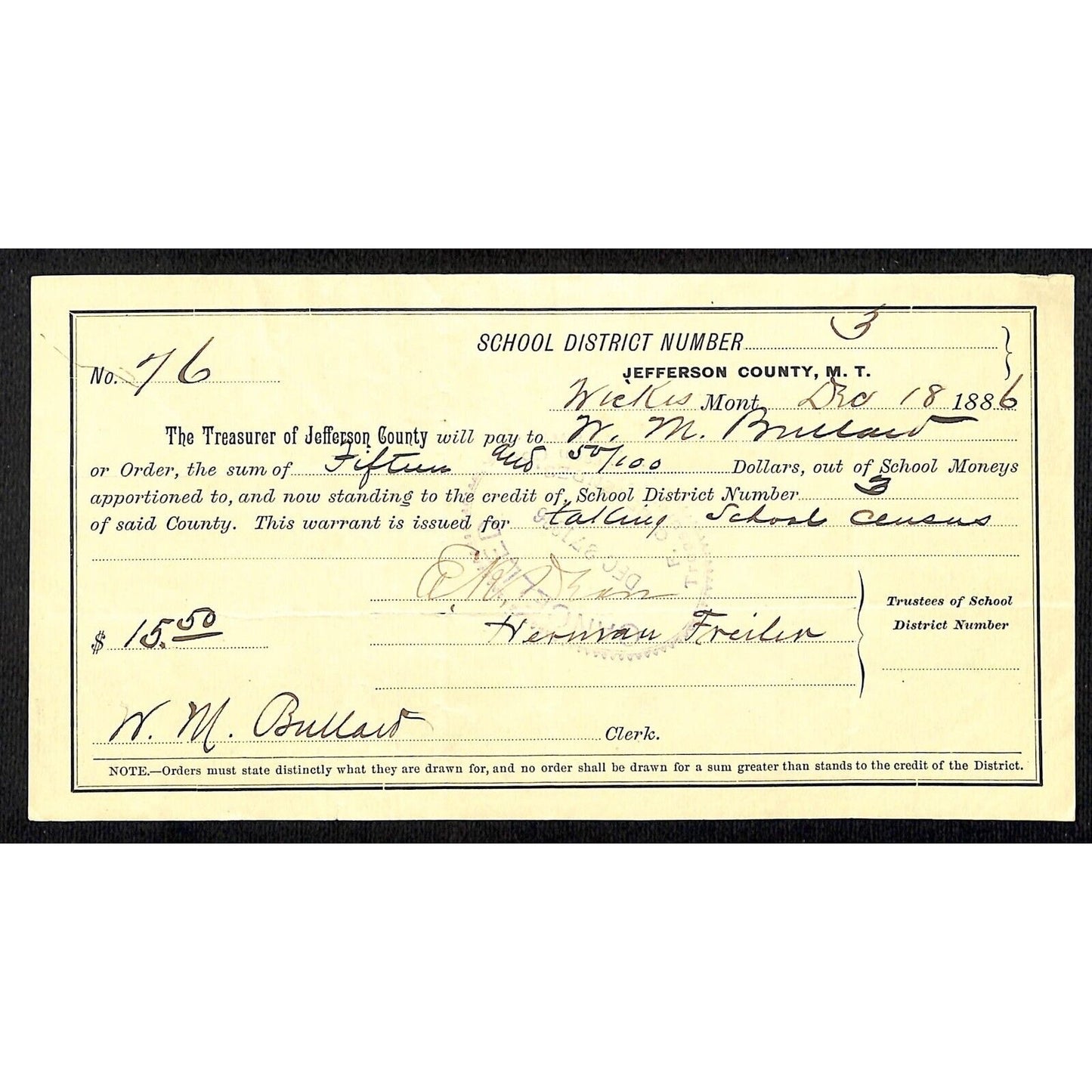 1886 Jefferson County Montana Territory School Warrant Taking School Census