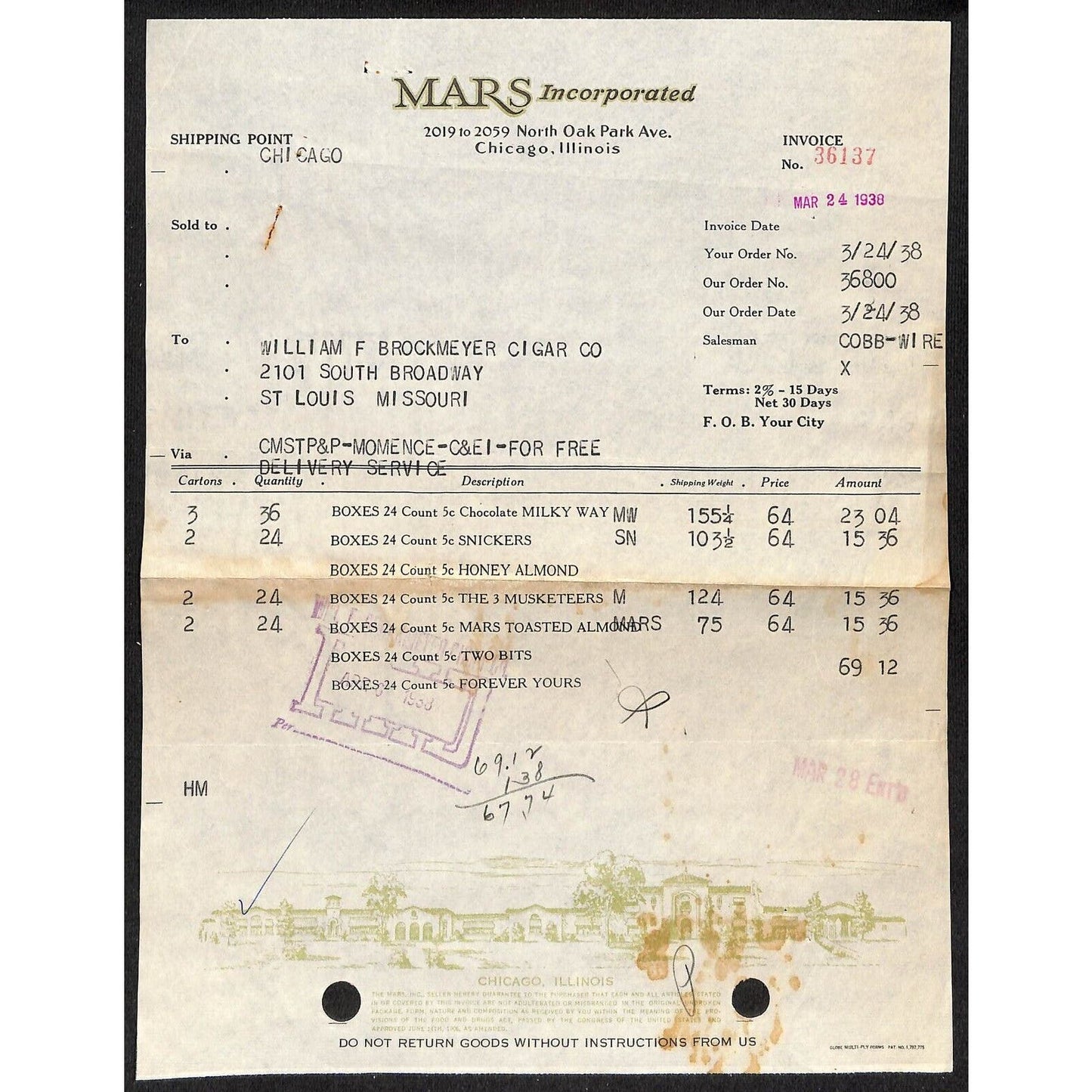 Chicago Mars Incorporated Milky Way Snickers Candy Bars 3/24 1938 Billhead