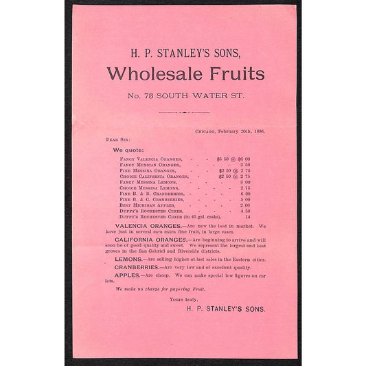 J.P. Stanley's Sons 75 South Water St. Chicago 1886 Wholesale Fruits Price List