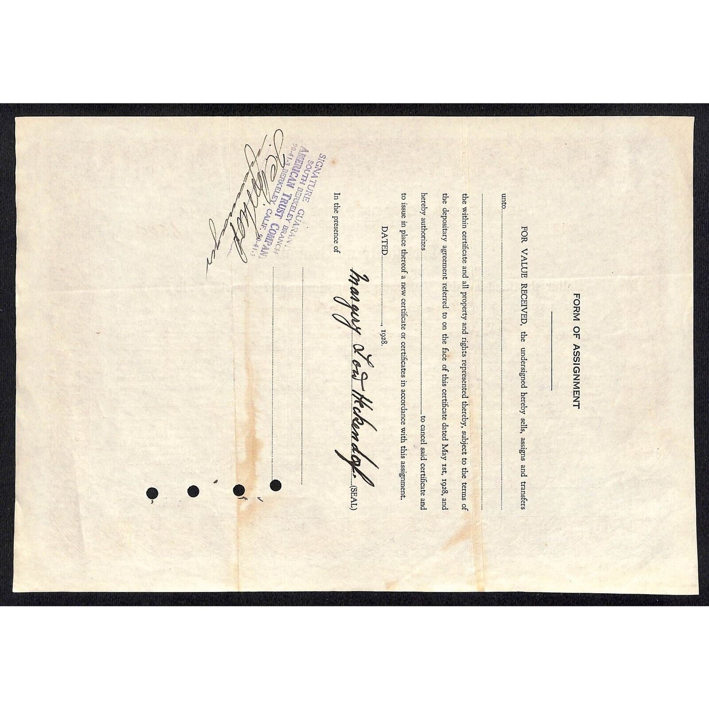 Anglo & London Paris National Bank of S.F. 1928 Certificate Deposit Heckendorf ?