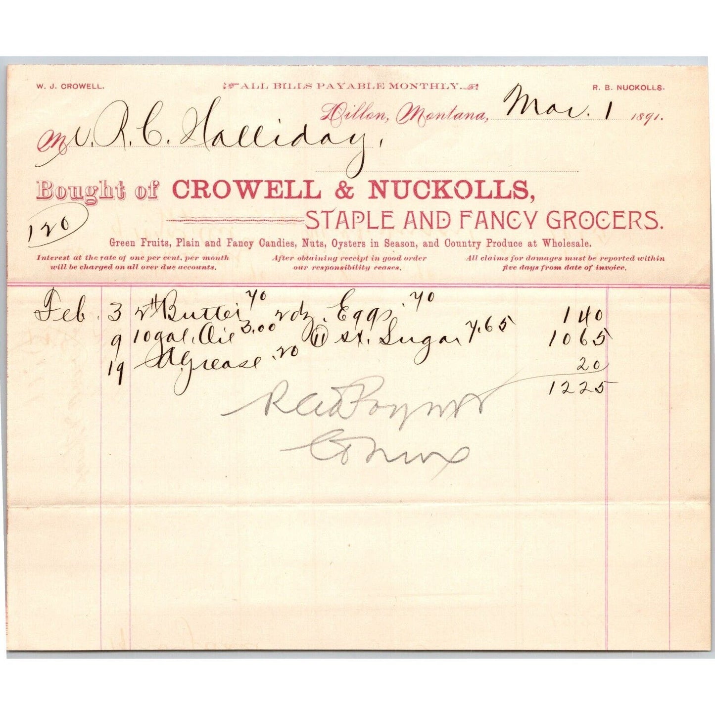 Dillon MT Crowell & Nuckolls Mar. 1891 Billhead Fancy Groceries R.C. Halliday*