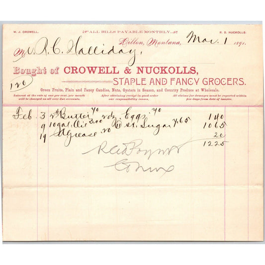 Dillon MT Crowell & Nuckolls Mar. 1891 Billhead Fancy Groceries R.C. Halliday*