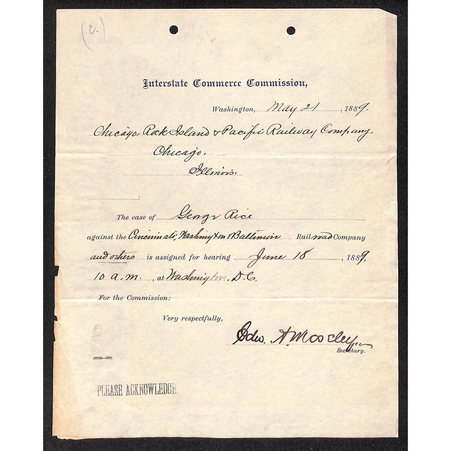 Interstate Commerce Commission Washington 1889 George Rice v. CRI&P Legal Notice
