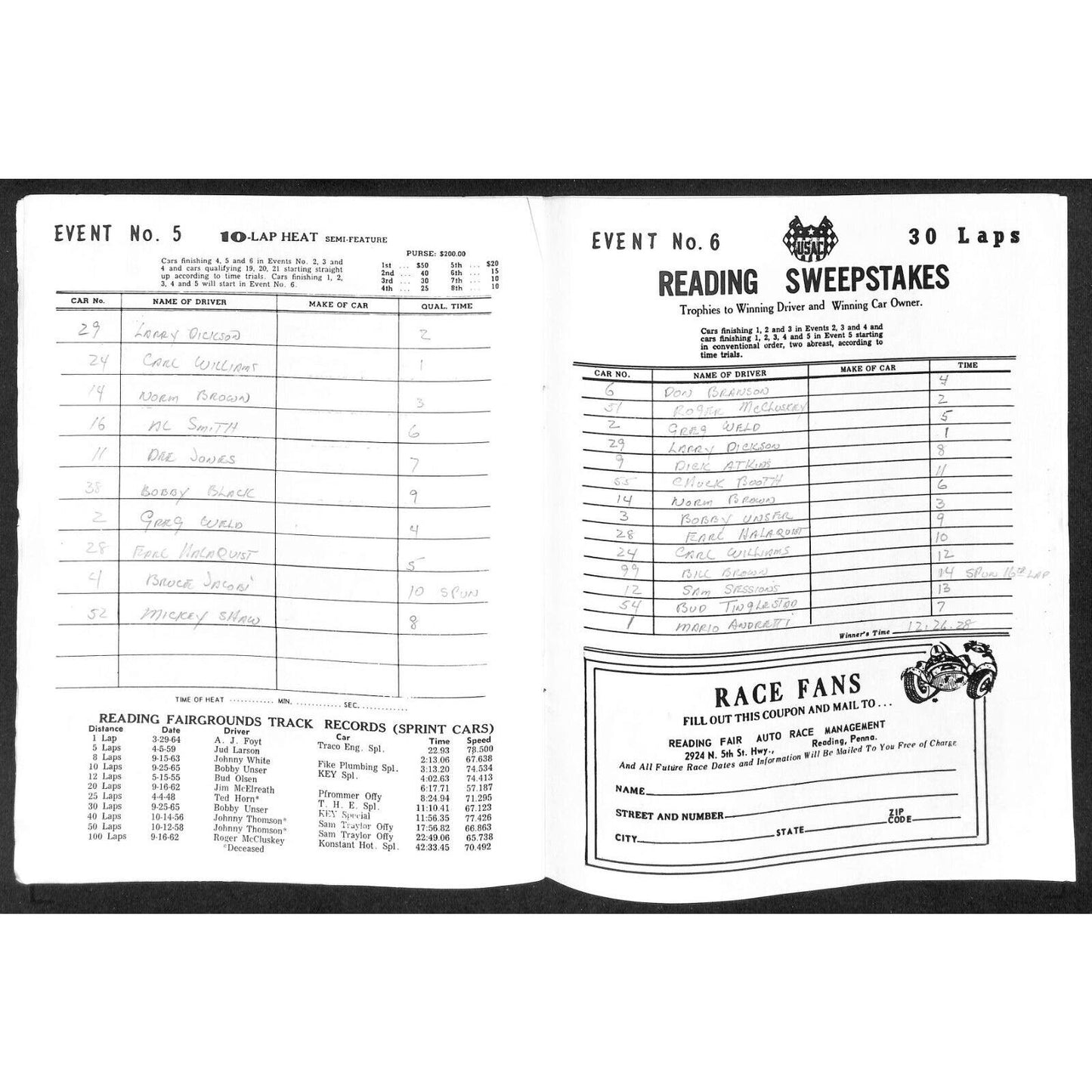 Reading Fairgrounds 1966 USAC Auto Races Program Sprint Car 8pp* Mario / Unser
