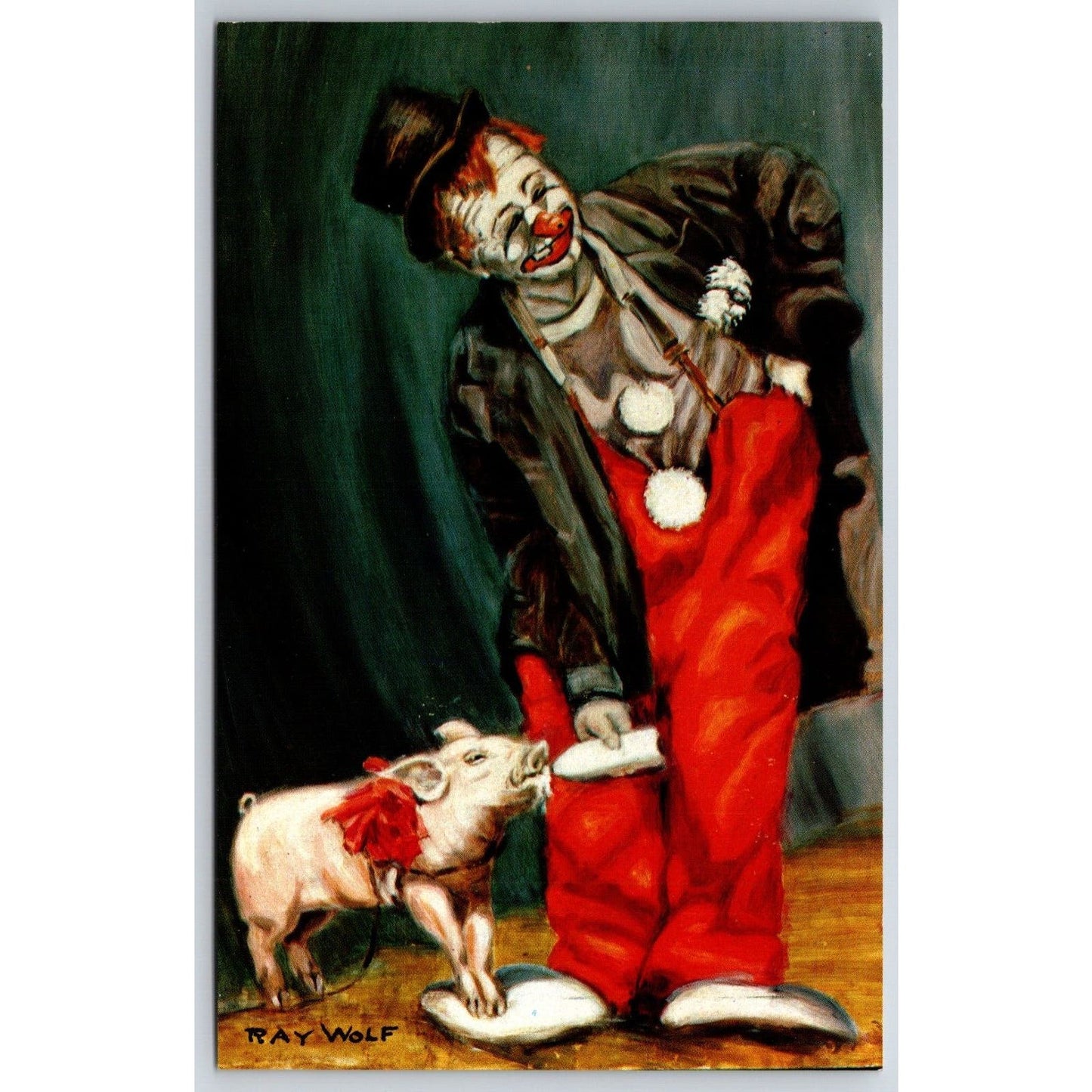 Felix and Honey Clown Pig Felix Adler Painting Ray Wolf Postcard VGC NP c1952