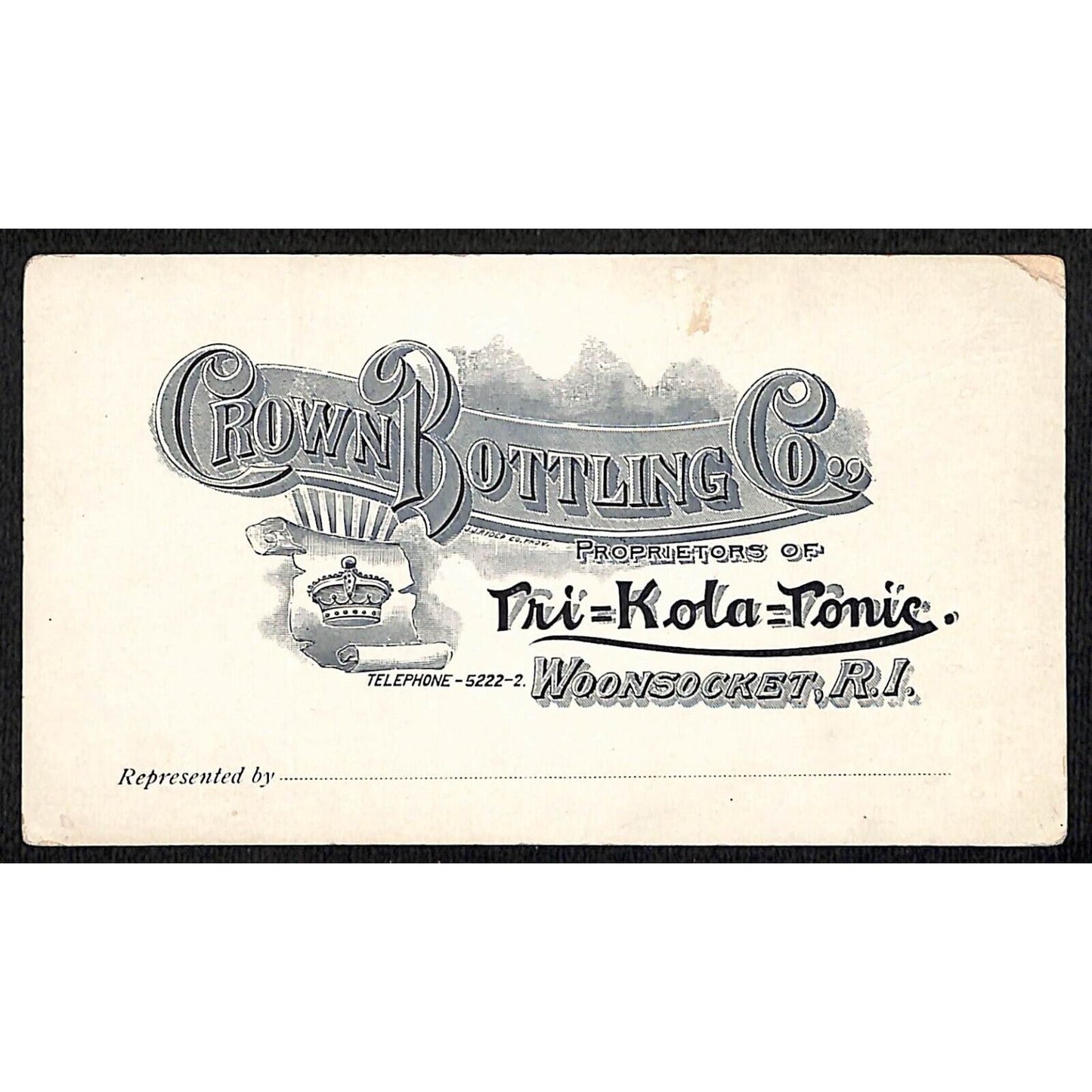 Woonsocket, RI Crown Bottling Co Tri=Kola=Tonic Large 3" x 5 1/4" Business Card