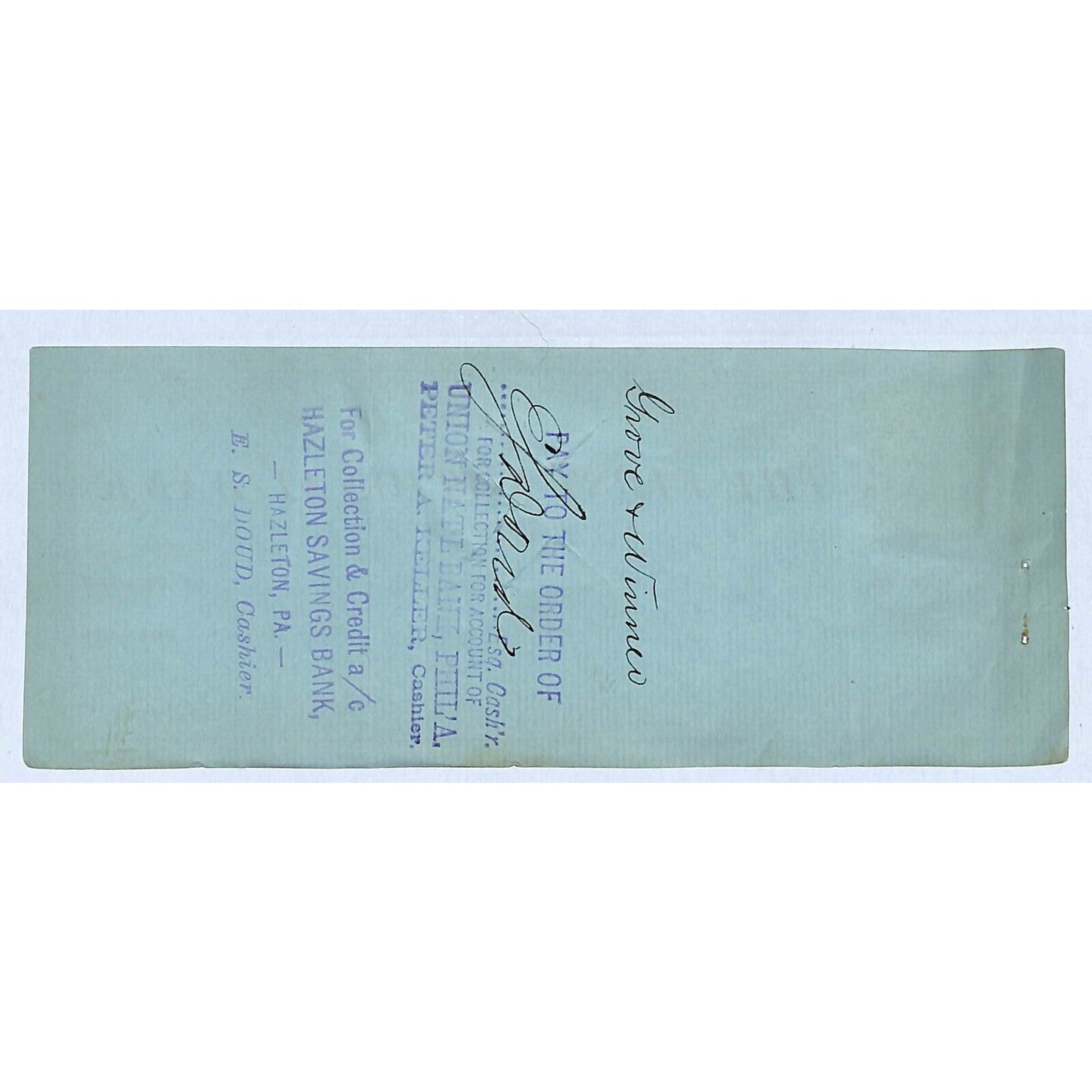 First National Bank Lehighton, PA 1882 Bank Check w/ Rev Stamp Scarce
