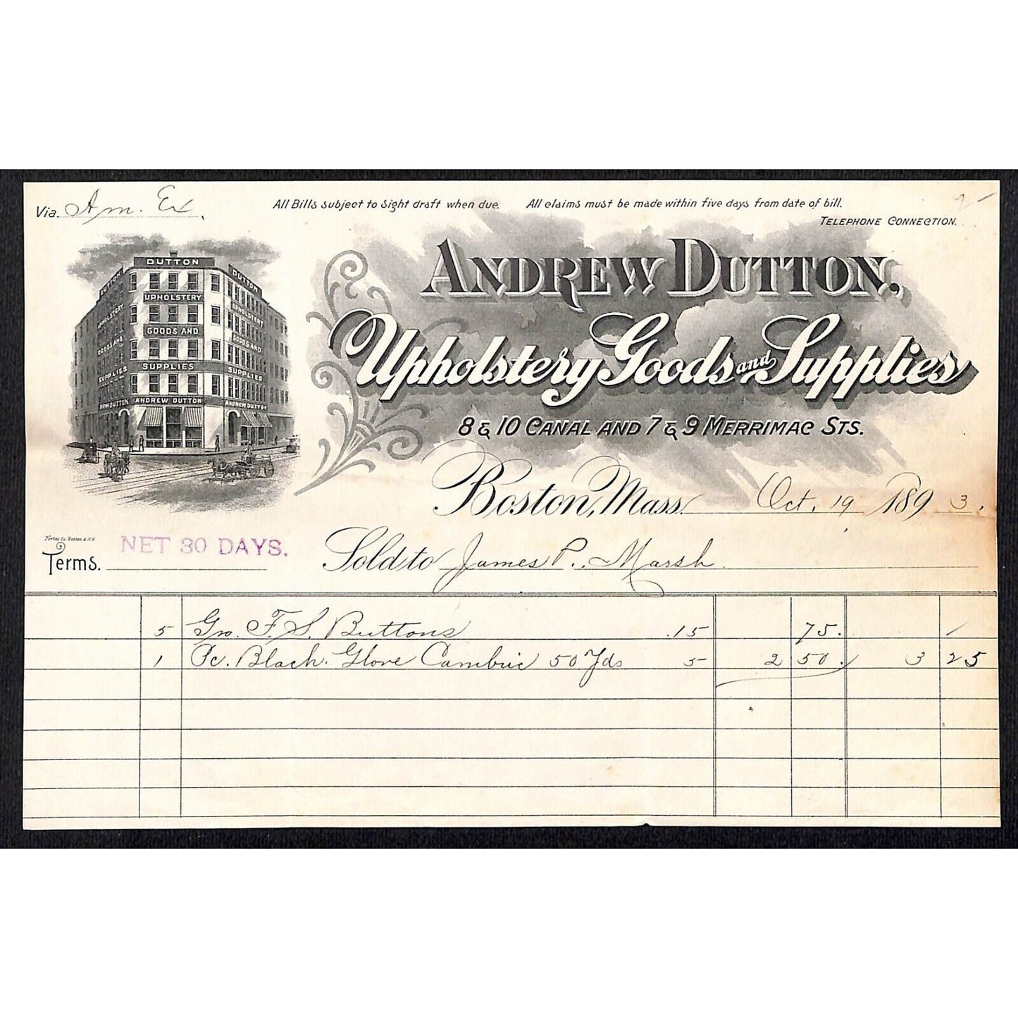 Andrew Dutton Boston 1893 Upholstery Goods Billhead to J.P. Marsh Bethel, VT*