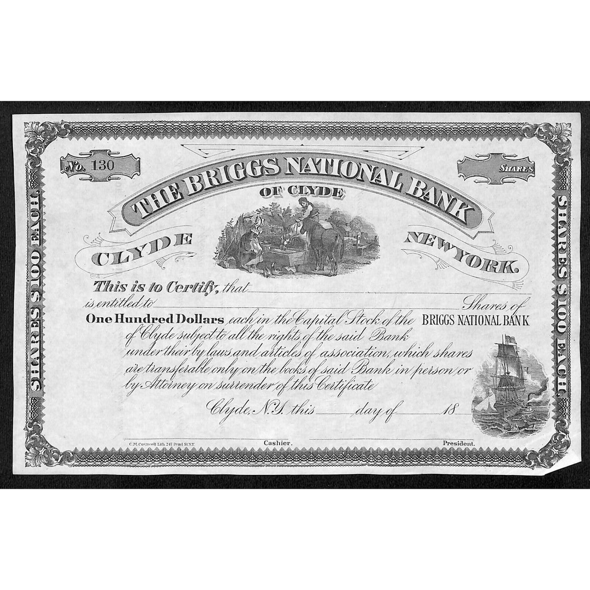 The Briggs National Bank of Clyde NY c1880* Stock Certificate Unissued #130