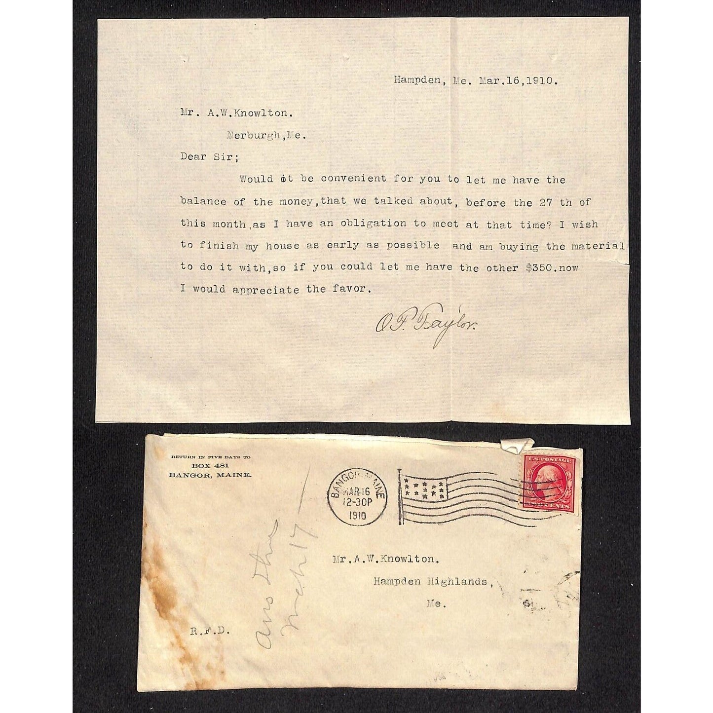 1910 Letter & Cover to A.W. Knowlton* Hampden Highlands, ME re: Balance of Money