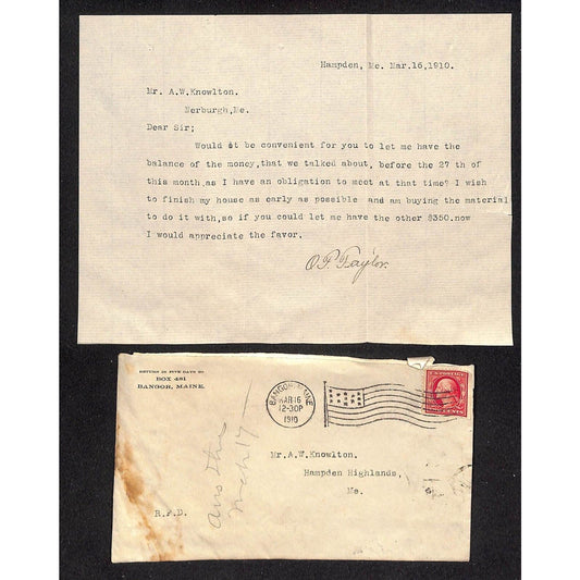 1910 Letter & Cover to A.W. Knowlton* Hampden Highlands, ME re: Balance of Money