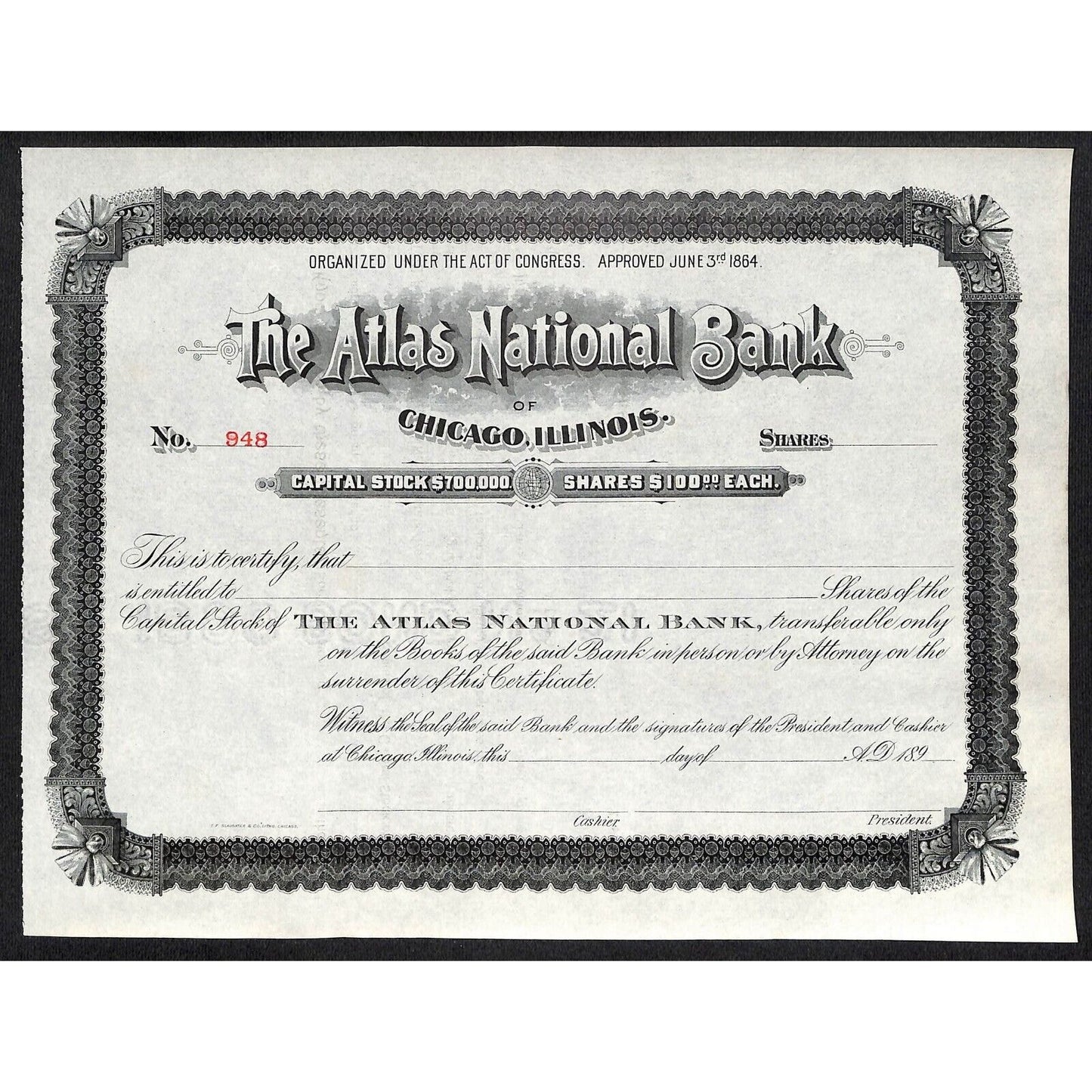 Atlas National Bank Chicago 1890's 189x Stock Certificate Unissued #948
