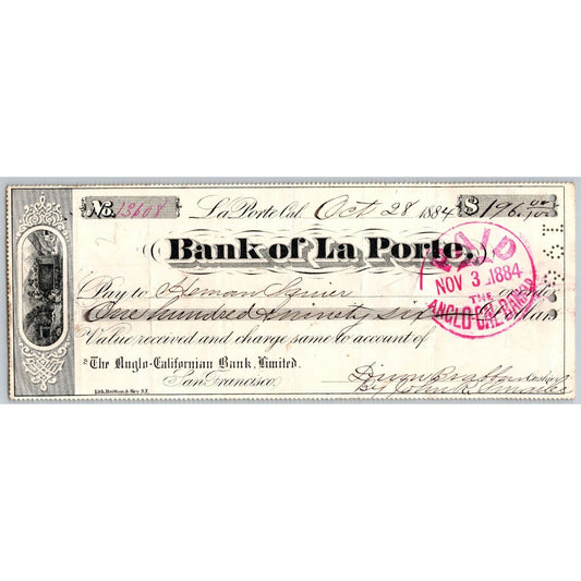 Bank of La Porte Check Herman Squier 1884 Mining Vignette #13108