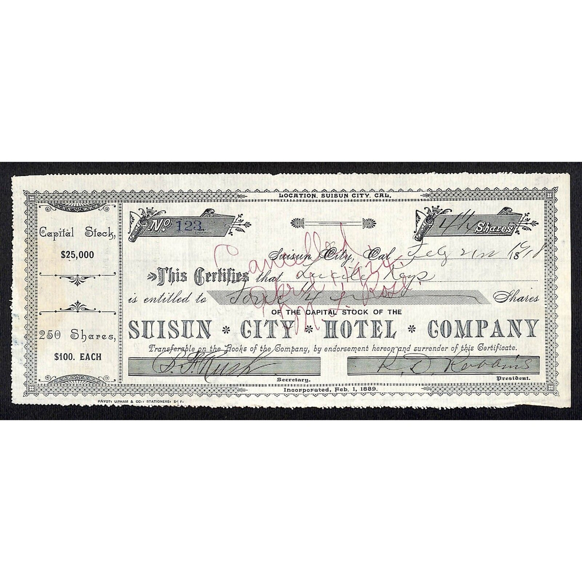 Suisun City Hotel Company 18xx 1918 Stock Certificate #123 4 1/4 Shares Scarce