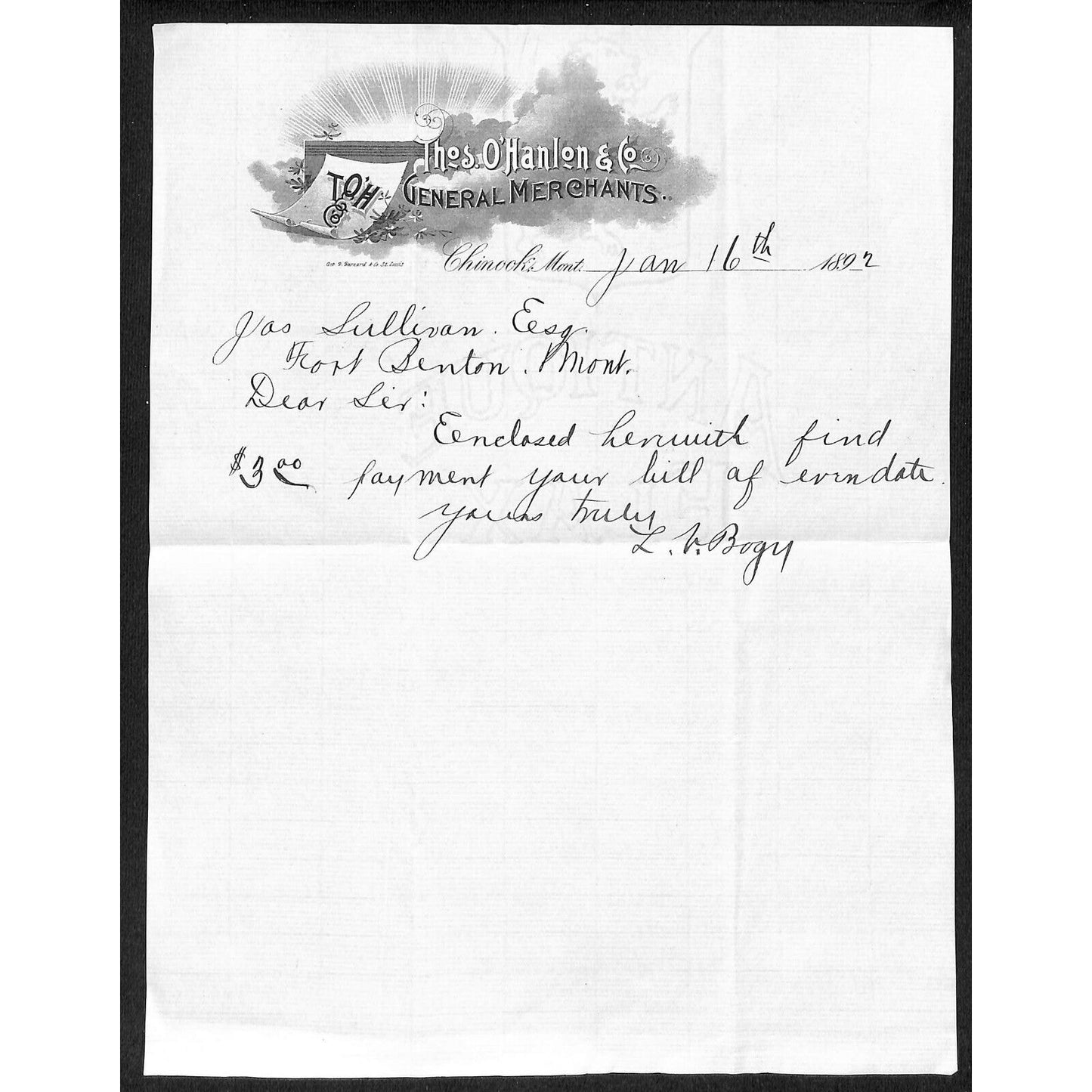 Chinook, MT Thos. O' Hanlon & Co. General Merchants 1892 Letterhead