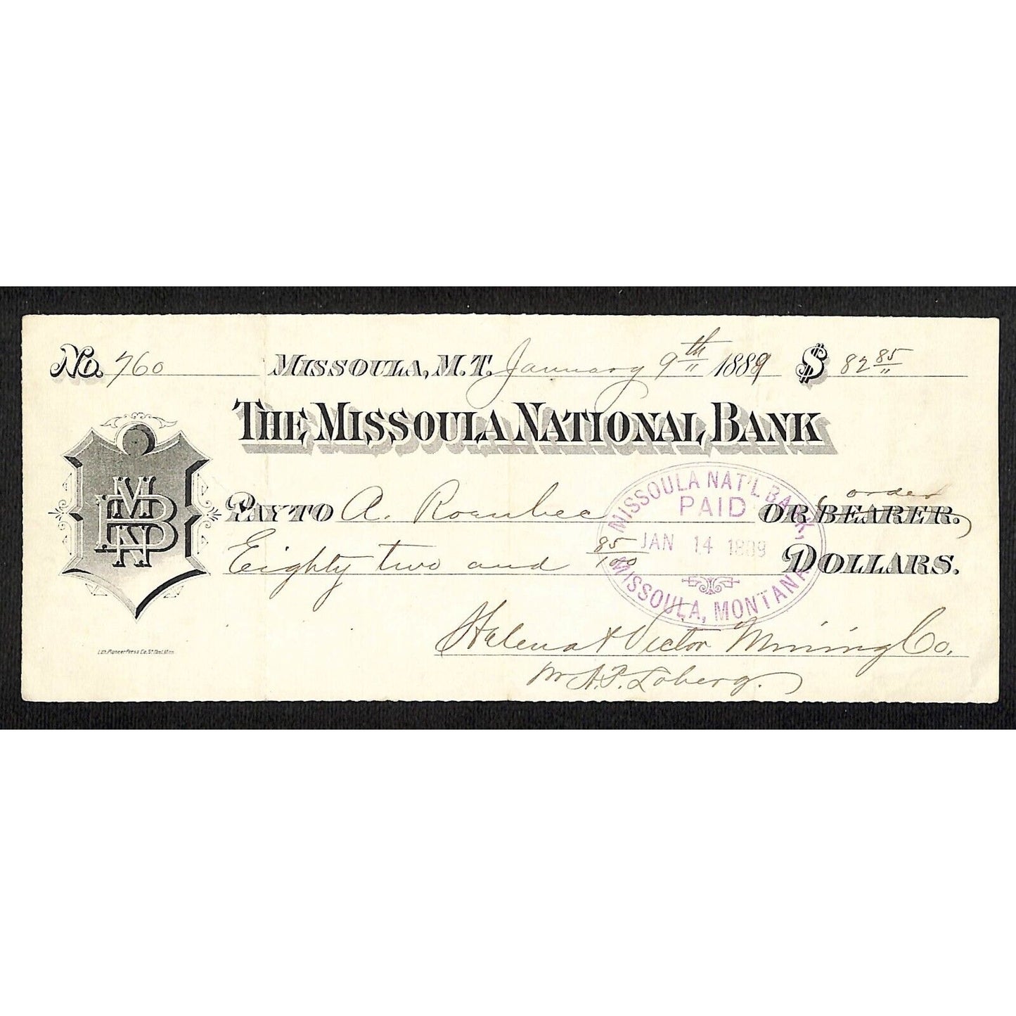 1889 Missoula National Bank Montana Territory Check Helena & Victor Mining #760
