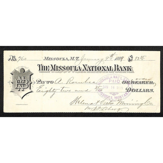 1889 Missoula National Bank Montana Territory Check Helena & Victor Mining #760