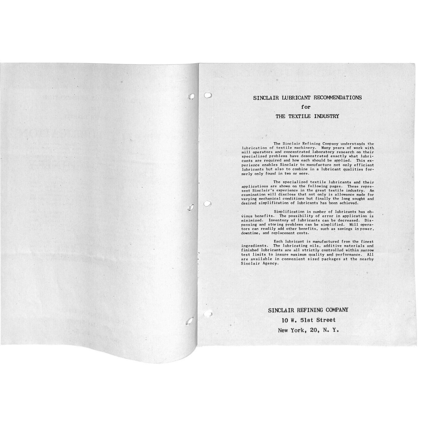 Sinclair Refining "Correct Lubrication of Textile Machinery" c1955 Chart Guide