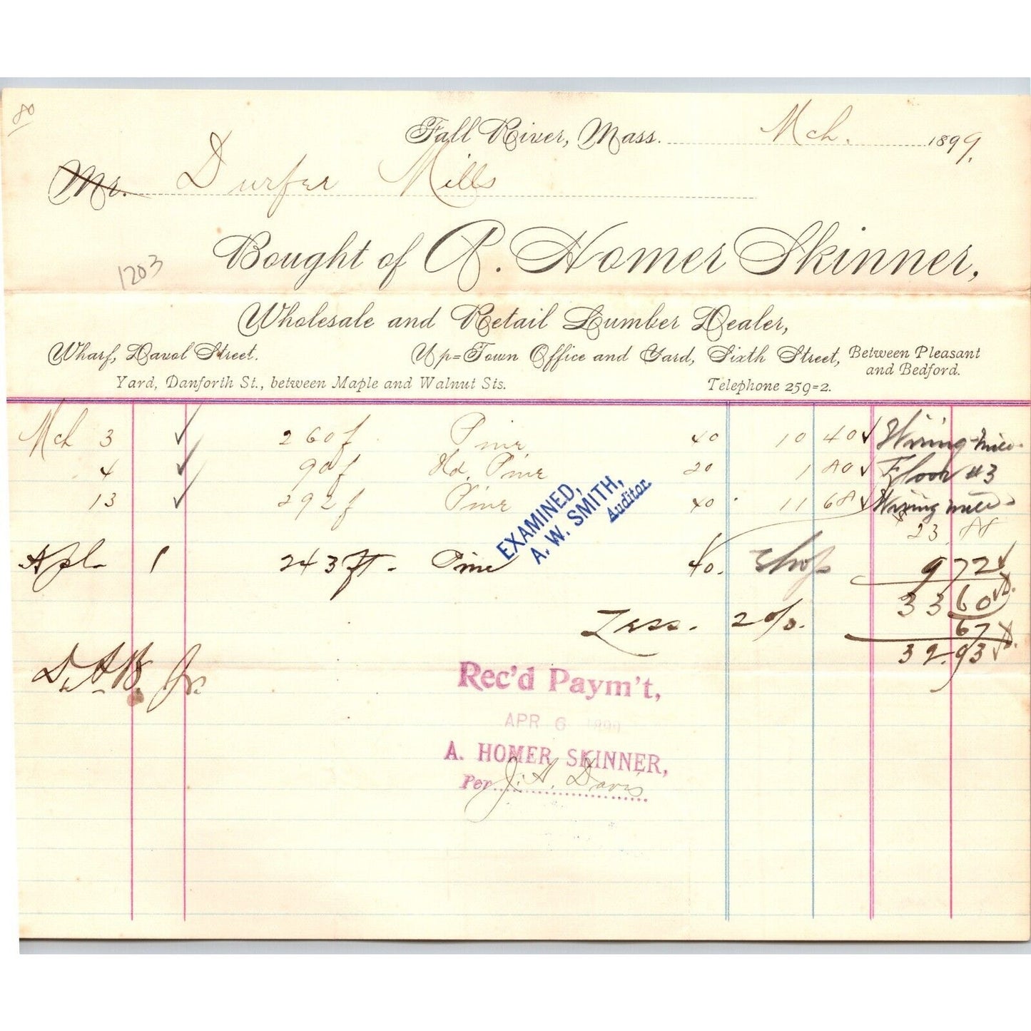 A. Homer Skinner Lumber Dealer Fall River, MA 1899 Billhead Durfee Mills VGC