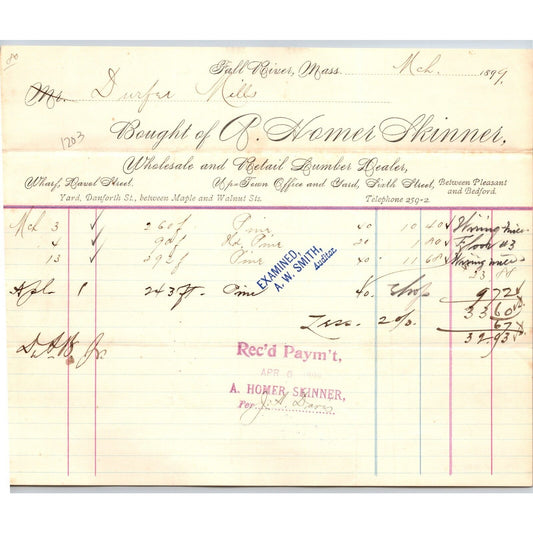 A. Homer Skinner Lumber Dealer Fall River, MA 1899 Billhead Durfee Mills VGC