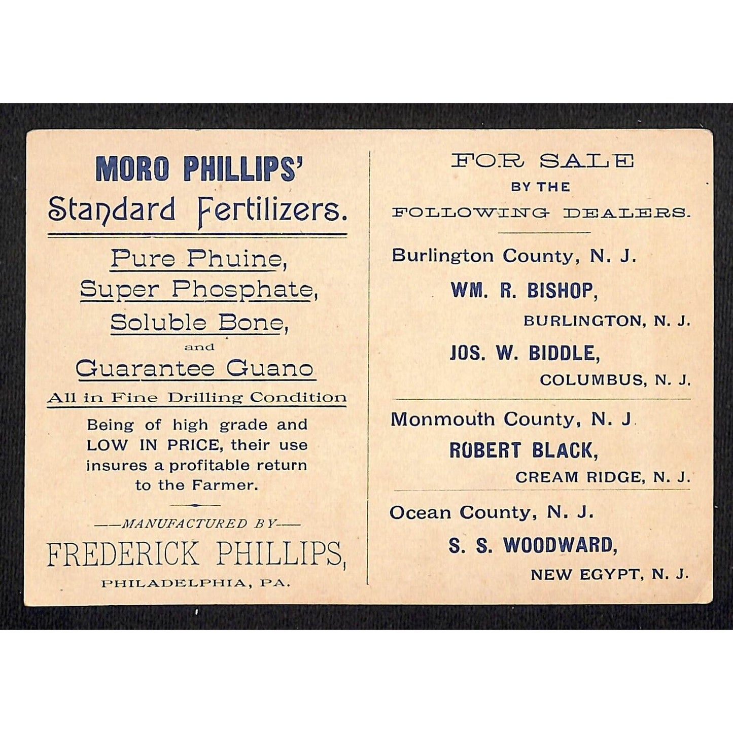 Moro Phillips Fertilizers Philadelphia Victorian Trade Card w/ Dealer List