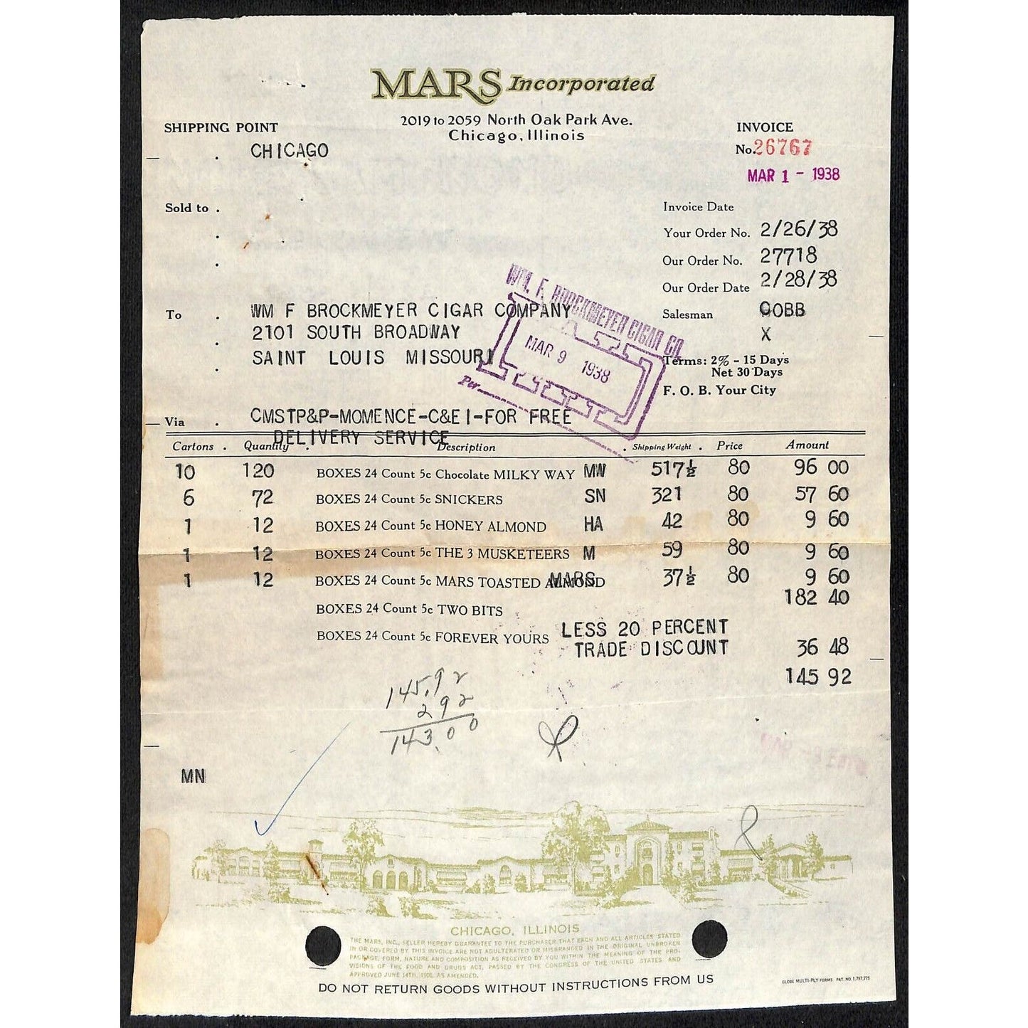 Chicago Mars Incorporated Milky Way Snickers Candy Bars 3/1 1938 Billhead