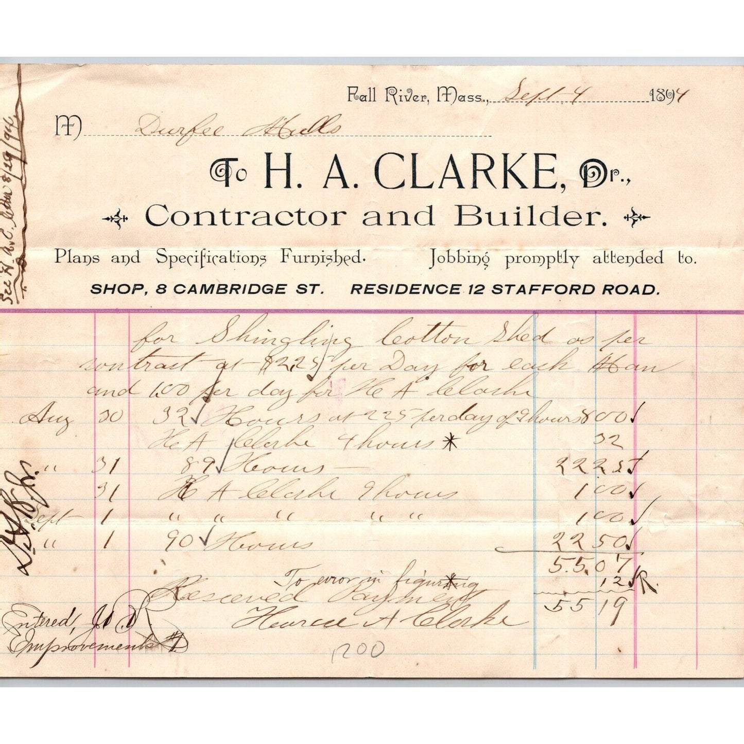 H.A. Clarke Contractor / Builder Fall River, MA 1894 Billhead